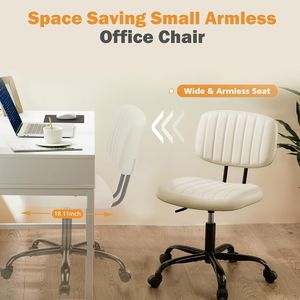 Small Office Desk Chair Armless Beige White PU Leather with Comfortable Lumbar Support - Product Image 5