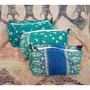 High Quality Modern Indian Kantha Patchwork Floral Cotton Lightweight 3-Piece Cosmetic for <b>Pouch</b> Bag Set Zipper Closure - Product Image 4