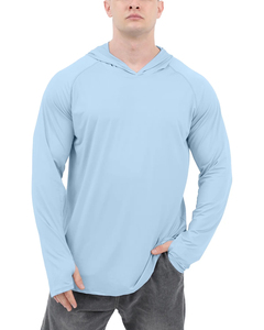 เสื้อฮู้ดแขนยาวสีฟ้าอ่อนสำหรับผู้ชาย UPF 50 ป้องกันรังสียูวี ป้องกันแสงแดด ผลิตจากโพลีเอสเตอร์ สีพื้น เหมาะสำหรับตกปลา รุ่น 2027 - Product Image 4