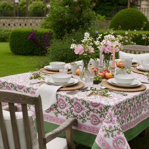Mughal Pink Green 10 Seater <b>Tablecloth</b> 180x270cm Handcrafted Block Printed 100% Cotton Wedding Dining Home Decor Style - Product Image 3