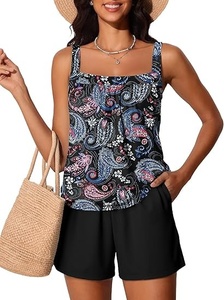 Conjunto de Tankini de 2 Piezas con Estampado Paisley para Mujer, Traje de Baño de Spandex y Poliéster, Shorts de Corte Regular, Estampado Digital Elástico - Product Image 4