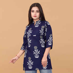 ชุดเซ็ตผู้หญิงลายดอกไม้สีน้ำเงินกรมท่าสุดฮิต ผ้าโพลีเรยอนพรีเมียม ชุดสตรีทแวร์ 2 ชิ้น คอกลม กางเกงขายาว - Product Image 1