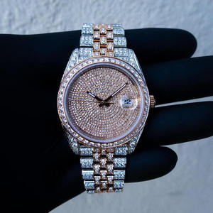 Montre pour homme de luxe RoseTone 46 mm en acier inoxydable, cadran entièrement serti de diamants, style HipHop, mouvement à quartz, montre à aiguilles, diamant Moissanite - Product Image 5