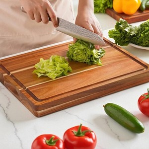 Planche à découper artisanale en bois d'acacia massif avec poignée, double face non toxique, avec rainure pour les jus - Product Image 3