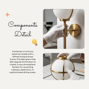 Modern Novera Brass <b>Globe</b> Wall Sconce, Opal Milk Glass Shade Wall <b>Light</b> Fixture with Metal Ring Detail - Product Image 3