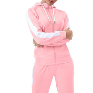 Ensemble de survêtement rose à capuche pour femme, manches longues, couleur unie, tenue décontractée avec poches latérales, fermeture éclair sur le devant, respirant, polyester et coton - Product Image 3