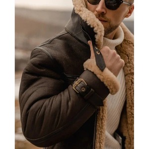Men's Brown B3 Flying Aviator Shearling Leather Long Jacket <b>Coat</b> - Product Image 5