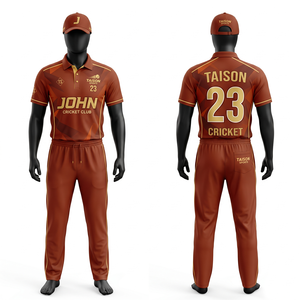 Uniforme de cricket pour hommes 180GSM en polyester interlock marron doré avec design géométrique sur les côtés, impression par sublimation, nom, numéro et logo personnalisés - Product Image 1