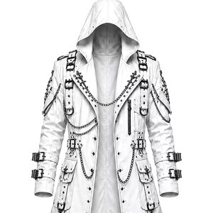 Wholesale Supplier White Gothic Steampunk Leather <b>Trench</b> <b>Coat</b> with Chains and Buckles for <b>Mens</b> Cosplay Fashion - Product Image 5