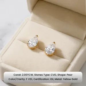 2ctw Pear Shape Lab Grown Diamond Studs 14k Yellow Gold Push <b>back</b> IGI Certified - Product Image 1