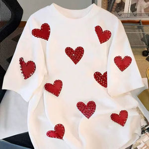 Camiseta Blanca de Algodón con Estampado de Corazón de Cristal Rojo, Cuello Redondo, Manga Corta, Estilo Oversize, Ropa Casual Diaria para Mujer - Product Image 1
