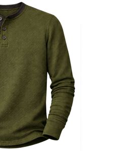 Mens Waffle Henley Long Sleeve <b>Thermal</b> T Shirt Olive Green Casual Button Neck Winter Wear <b>Top</b> Cotton Slim Fit Breathable Fabric - Product Image 3