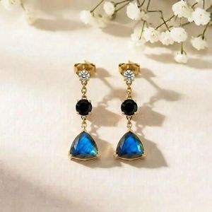 Labradorite Trillion Cut & Black Obsidian Round Faceted Drop <b>Earrings</b> With CZ Accent Elegant Labradorite Gemstone <b>Stud</b> <b>Earrings</b> - Product Image 3