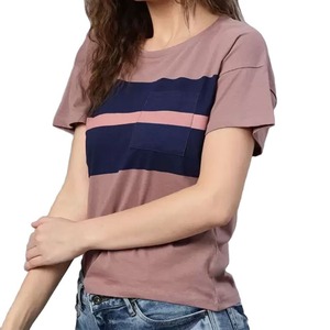 Camisetas de mujer casuales de manga corta a rayas con cuello redondo, camisetas al por mayor, camisetas de algodón a rayas con cuello redondo - Product Image 1