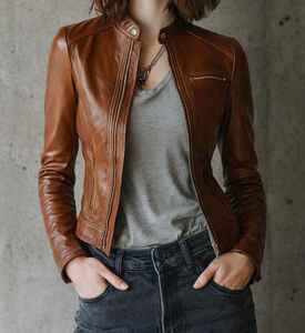 Chaqueta de cuero para mujer de alta calidad al por mayor, talla grande, estilo motero, color marrón, ajuste ceñido, con cremallera, informal y a la moda. - Product Image 1