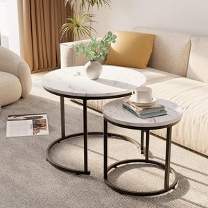 Modern <b>Round</b> Nesting Coffee <b>Tables</b> Set of 2 with White Marble Finish and <b>Black</b> Metal Frame Contemporary Living Room <b>Side</b> <b>Tables</b> - Product Image 5