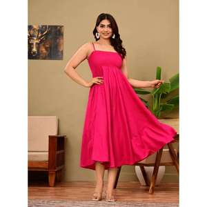 Vestido de Verano Moderno para Mujer, Color Fucsia, de Algodón, por Encima de la Rodilla, Sin Mangas, Corte Recto, Estilo Imperio, con Escote Corazón, Ecológico - Product Image 3