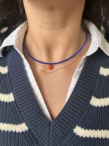 Conjunto de Collar en Capas con Cuentas Azules Reales y Colgante Naranja en Forma de Gota, Cadena Fina, Gargantilla, Joyería Casual para Mujer, Venta al Por Mayor - Product Image 1
