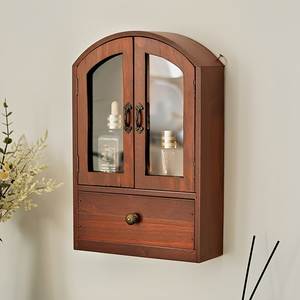 Armoire murale de salle de bain en teck massif de luxe avec porte en verre cintrée, vitrine pour produits de soin et tiroir inférieur - Product Image 2