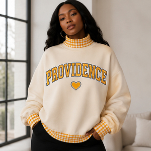 Sweat-shirt personnalisé de haute qualité pour femme, avec ourlet imprimé à carreaux jaunes contrastants, col en V arqué, imprimé universitaire, pull en polaire pour l'automne - Product Image 3