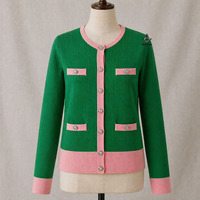 HMR Alpha |   Kapa |   Pull en tricot d'hiver éco-responsable pour femmes Alpha New Design, col rond décontracté, rose et vert, avec boutons