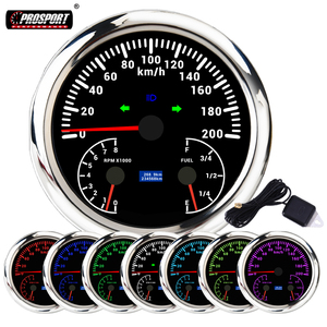 Compteur de vitesse électrique 3-en-1 110 mm (4-3/8 po) 7 couleurs 200 km/h avec tachymètre, jauge de carburant et odomètre, cadran noir, 12/24 V, IP67, pour applications automobiles et marines - Product Image 1