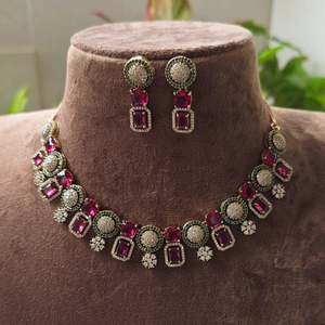 Premium American Diamond Short Neckpiece Fashion Jewelry Set - Product Image 1