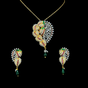 Elegant Silver Paisley Ruby Red Emerald Green Drop Pendant Earring <b>Set</b> <b>Womens</b> High End Luxury Fine <b>Jewelry</b> Wholesale - Product Image 3