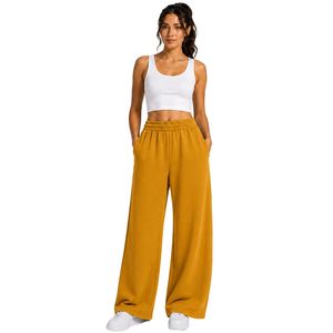 Pantalon de survêtement jaune moutarde à jambes larges pour femme, taille élastique, coupe ample, en molleton de coton, pantalon de détente oversize, streetwear décontracté - Product Image 1