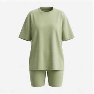 Ensemble 2 pièces pour femmes, t-shirt à manches courtes en tricot uni et short au-dessus du genou, col rond, coupe ample, vêtements décontractés, printemps été - Product Image 1