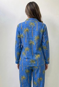 Women Premium Blue Cotton Palm Tree Print Night Suit Set Flock Print Long Sleeve Shirt Pajama Loungewear Spring Summer Autumn - Product Image 2
