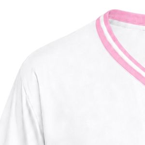 Maillot de baseball blanc pour femme avec patch brodé, manches courtes, boutons sur le devant, col en V, bordure rose, vêtements de sport décontractés, tenue d'équipe - Product Image 2