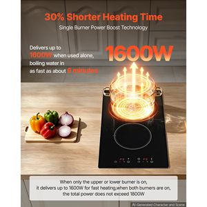 Placa de Cocina Eléctrica Portátil de 12 Pulgadas con 2 Quemadores, 1800W, 120V, Vitrocerámica, Integrada, Radiante, para el Hogar - Product Image 3