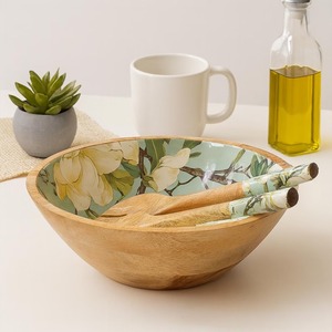 Grand saladier multifonctionnel en bois d'acacia/mangue, écologique, fait main, imprimé Meena, pour fruits et salades, compatible lave-vaisselle - Product Image 4