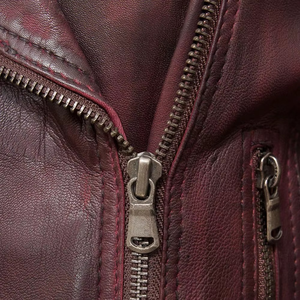 Women's Burgundy Genuine Leather Moto Jacket With Zipper Closure And Pockets Autumn Style - Product Image 6