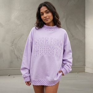 Sweat-shirt personnalisé à col montant en gingham avec lettres universitaires pour femme, coupe oversize, bordure contrastante à pois, vente en gros, streetwear - Product Image 1