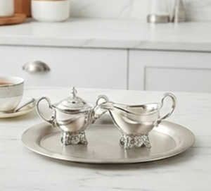 Ensemble de pots à sucre et à crème vintage en argent plaqué, forme ovale, finition brillante, résistant à la rouille, vaisselle en métal - Product Image 6