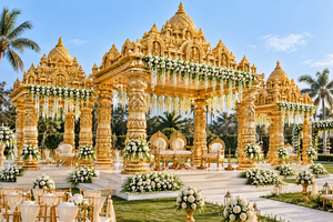 Magnifique structure de mandap de mariage de style maharaja en cristal doré, mandap de mariage luxueux en bois doré avec draperies rouges et décorations florales - Product Image 6
