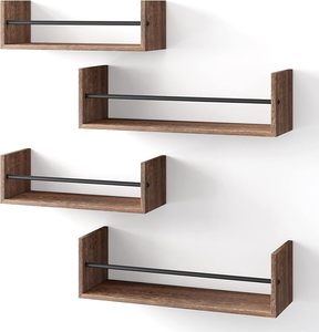 Étagère murale flottante en bois brun rustique avec support en métal noir, étagère murale décorative moderne pour la décoration du salon - Product Image 1