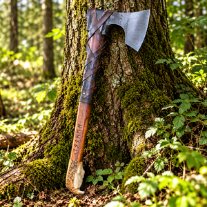 Hacha Vikinga Hecha a Mano, Forjada, con Mango de Madera y Envoltura de Cuero, Personalizada para Exhibición, Regalo para Campismo en el Bosque - Product Image 4