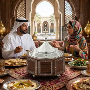 Opulent Arabian Style Insulated Chafing Dish & Hotpot Solid Wood Base with Hand Inlaid MOP Geometry & Textured Stainless Steel - Product Image 5