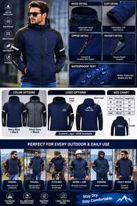 Veste coupe-vent à capuche bleu marine pour homme, vêtements décontractés pour l'extérieur, coupe régulière, matière polyester, fermeture éclair, style automne - Product Image 4
