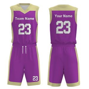 Ensemble de maillot de basket-ball personnalisé violet et or, col en V, sans manches, impression sublimée, polyester à séchage rapide, uniforme unisexe adulte, toutes saisons - Product Image 1
