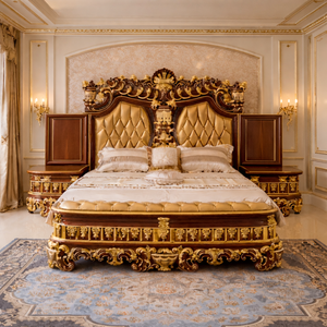 Juego de Muebles de Dormitorio de Madera de Lujo de Inspiración Italiana, Cama Tallada a Mano en Oro Antiguo con Mesitas de Noche y Armario, Juego de Cama King Size - Product Image 4
