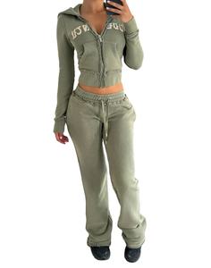 2024 nouveau Street Wear personnalisé Patch broderie lavé recadrée surdimensionné en détresse fermeture éclair à capuche ensemble Joggers femmes - Product Image 3