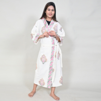 Robe longue pour femme, imprimée à la main, motif floral blanc, col en V, manches trois-quarts, vêtement de nuit décontracté, été/hiver, 100% coton, tissu gaufré