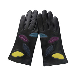 Black Leather Gloves With Colorful <b>Leaf</b> Patches Wrist Length Unlined For Casual Winter Wear - Product Image 4