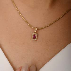 14K <b>Solid</b> <b>Gold</b> Pear Cut Ruby Halo Diamond <b>Pendant</b> Necklace - Product Image 1