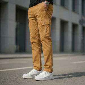 Pantalon cargo pour homme, couleur unie, beige, coupe slim, avec poches, fermeture éclair, taille moyenne, toutes saisons, vêtements d'extérieur - Product Image 2