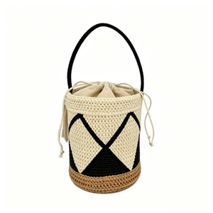 Sac seau géométrique en crochet noir et crème personnalisé, sac seau en paille tressée avec cordon de serrage, sac cylindrique tissé color-block - Product Image 1